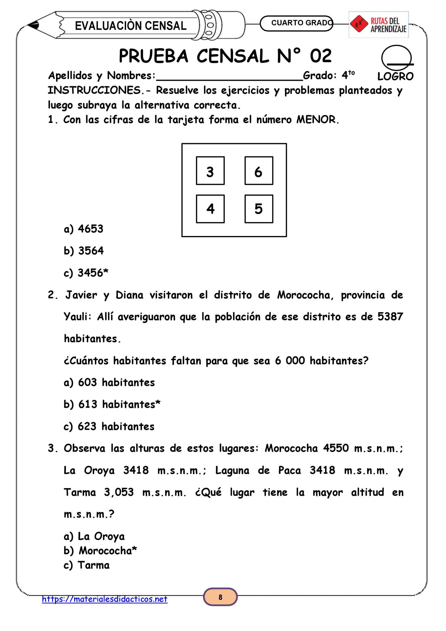 Prueba Censal MatemÁtica Cuarto Grado BÁsico Materiales Didacticos 2645