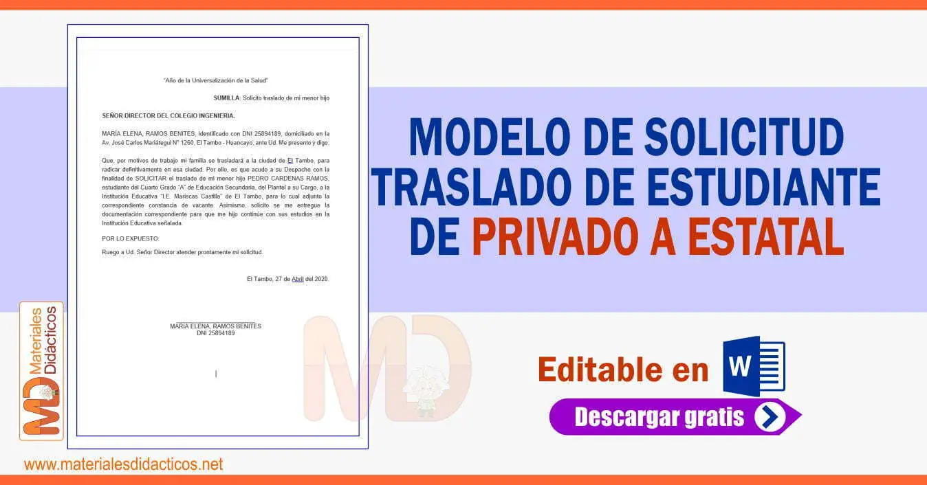 MODELO DE SOLICITUD DE TRASLADO DE ESTUDIANTE DE PRIVADO A ESTATAL