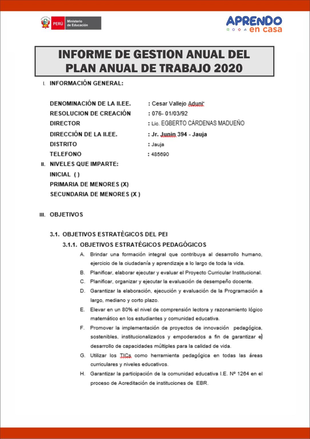 Informe De GestiÓn Escolar Anual 2020 Materiales Didacticos 6923