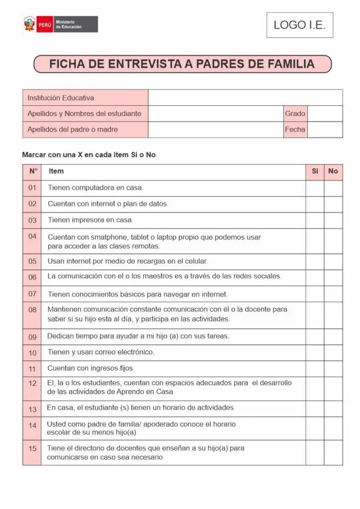 FICHA DE ENTREVISTA A PADRES DE FAMILIA - Materiales Didacticos