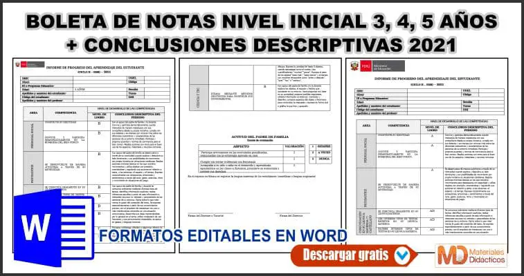 BOLETA DE NOTAS NIVEL INICIAL 3 4 5 ANOS CONCLUSIONES DESCRIPTIVAS 2021