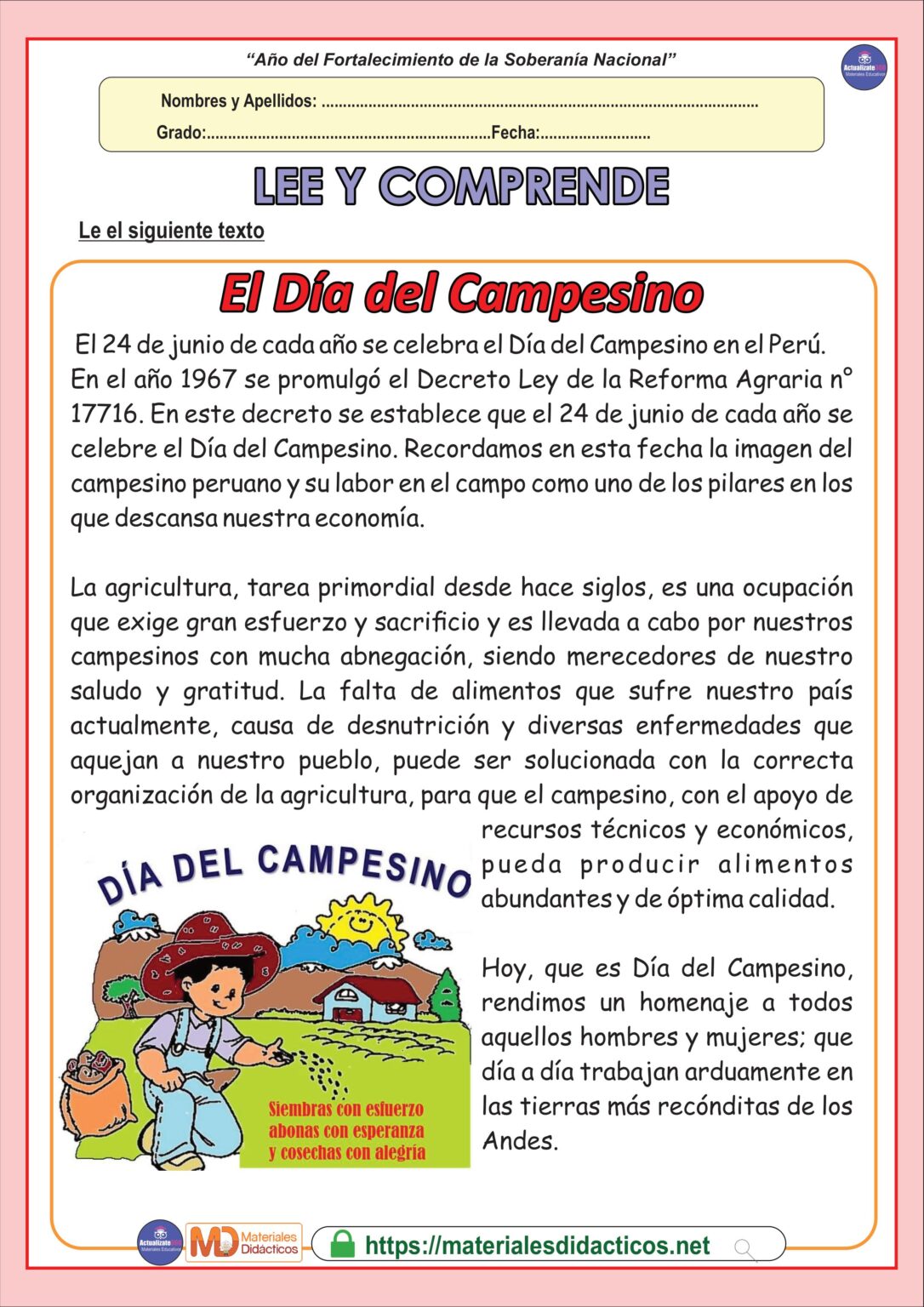 Comprension Lectora Dia del Campesino Materiales Didacticos